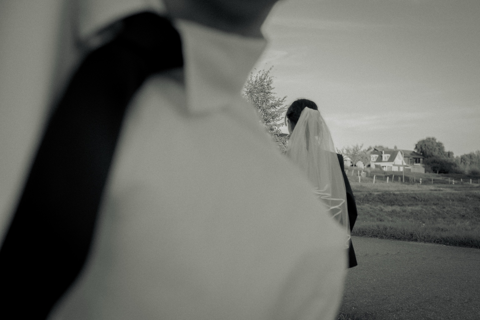 A black-and-white portrait through the veil